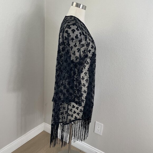 Hot Topic Mesh Kimono Jacket Womens M/L Black Sheer Mushroom Fringe Gothic - Picture 5 of 10